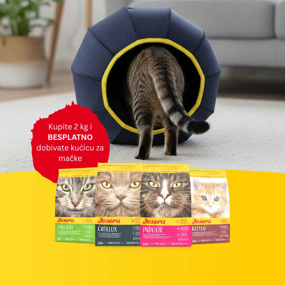 Kupite 2 kg mačje hrane i besplatno dobivate kućicu za mačku. Akcija se odnosi na proizvode: Kitten, Catelux, Sensi Cat, Naturelle.